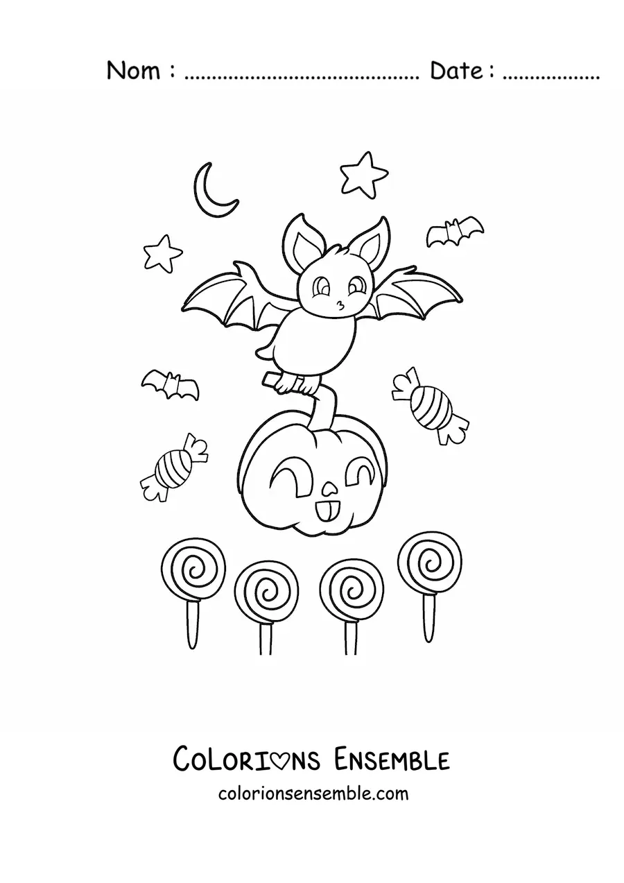 Image à colorier d’une chauve-souris en dessin animé avec une citrouille et des bonbons d’Halloween