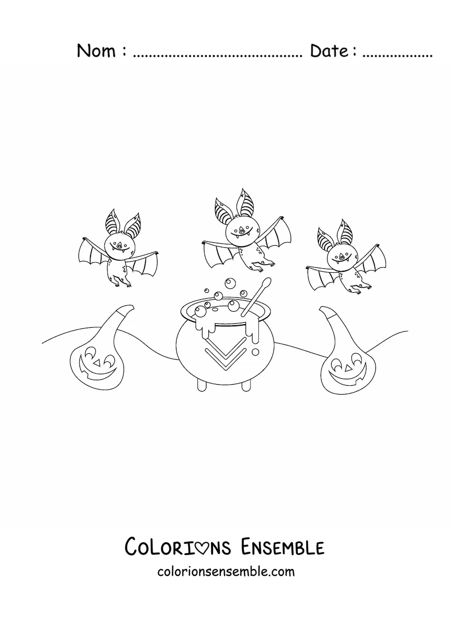 Image à colorier de chauves-souris avec un chaudron de sorcière et une citrouille d’Halloween
