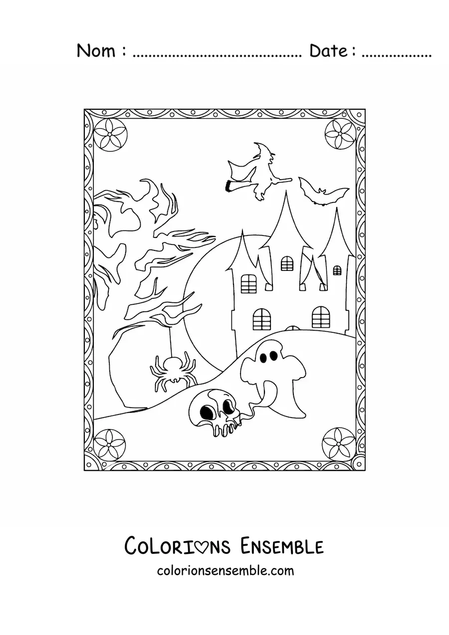 Image à colorier d’une chauve-souris volant à côté d’une maison hantée