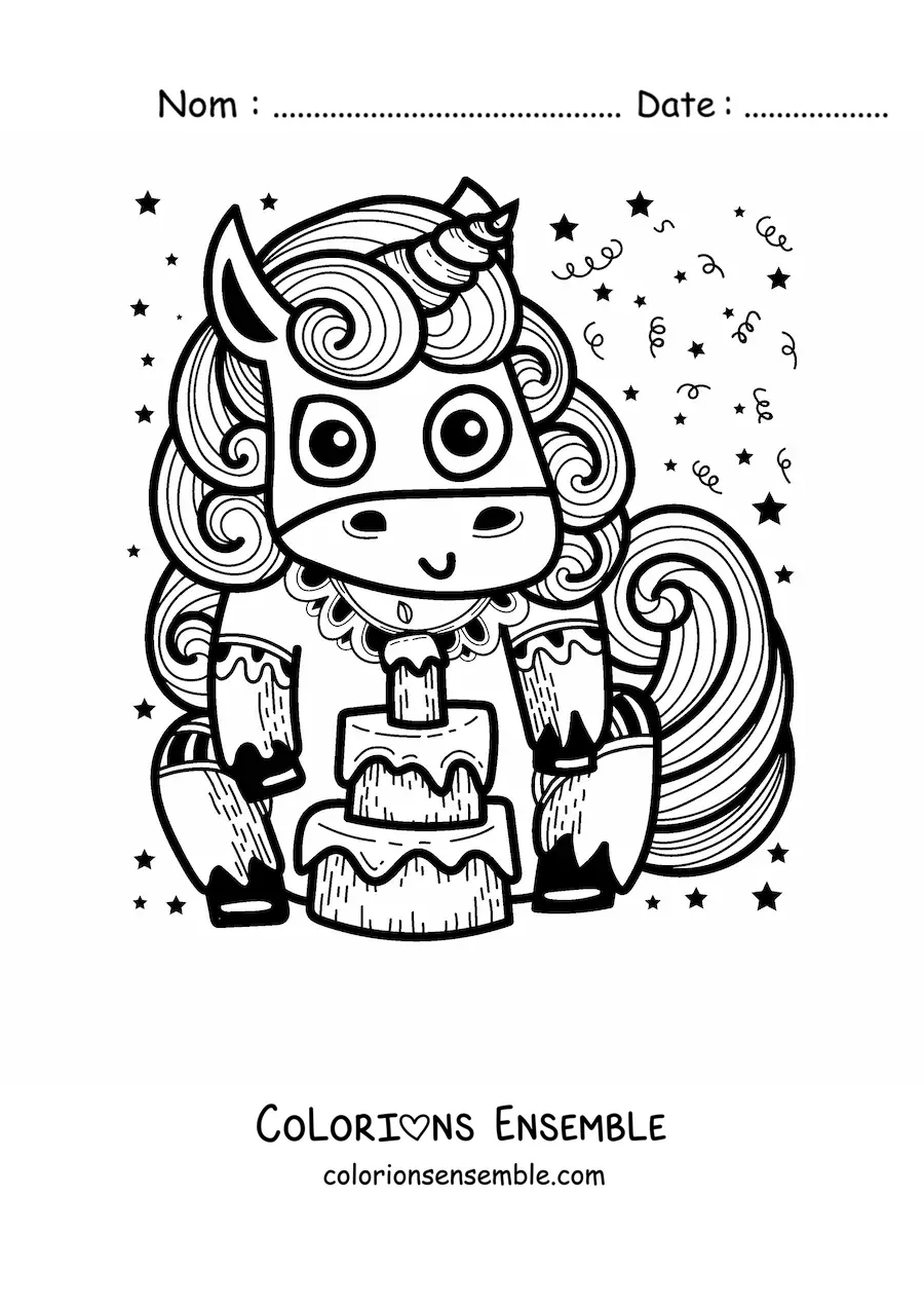 Image à colorier d'une licorne animée avec un gâteau d'anniversaire