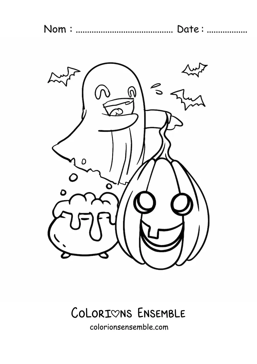 Image à colorier d’un joli fantôme avec une citrouille d’Halloween