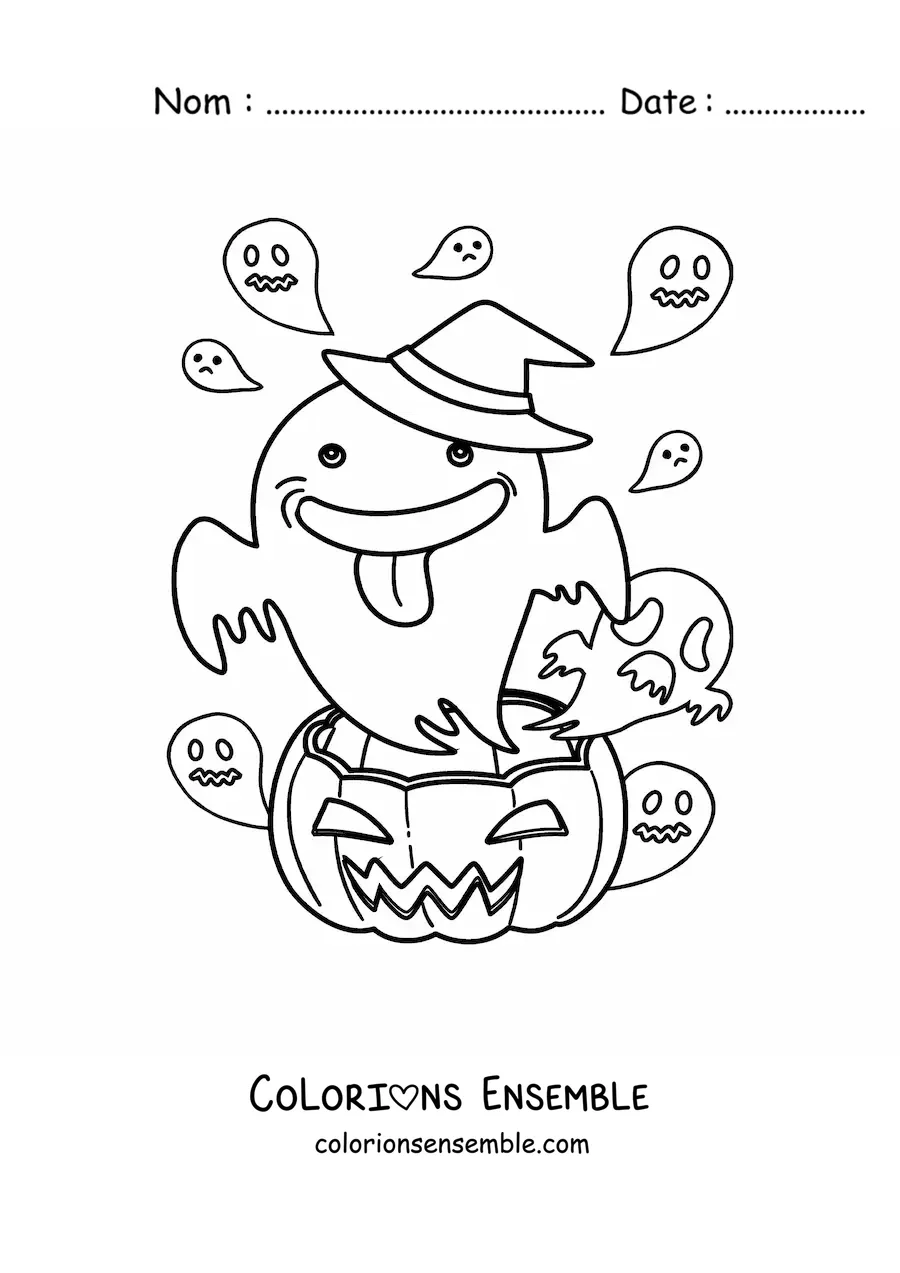 Image à colorier d’un fantôme en dessin animé avec une citrouille d’Halloween