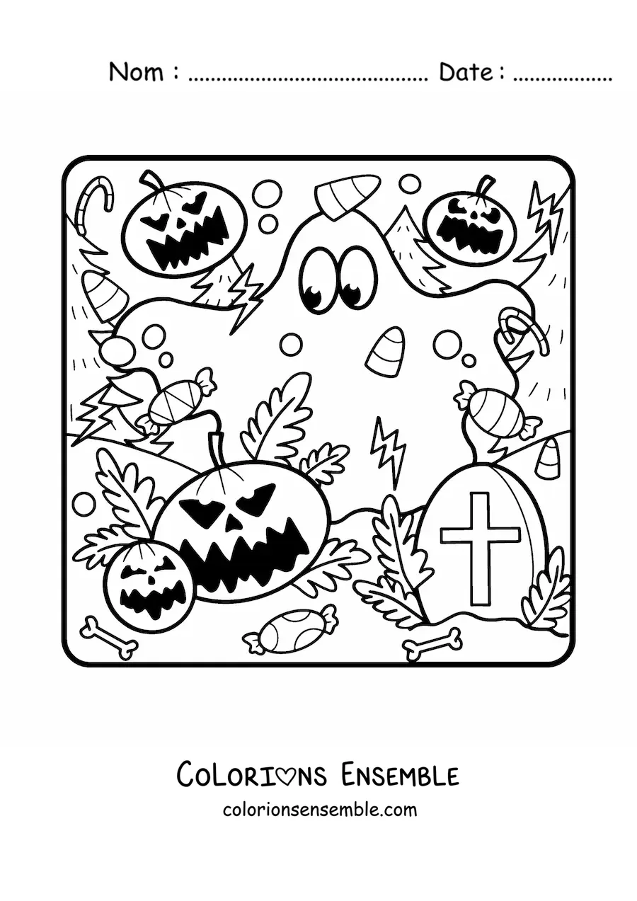 Image à colorier d’un fantôme amusant avec des citrouilles d’Halloween