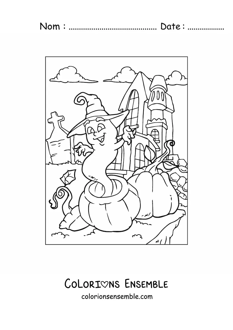 Image à colorier d’un fantôme en dessin animé avec un chapeau de sorcière et une maison hantée