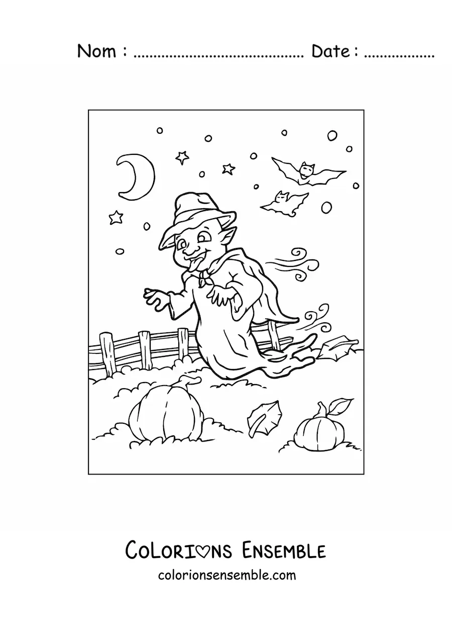 Image à colorier d’un fantôme en dessin animé dans un champ de citrouilles