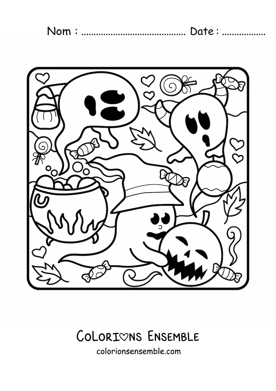 Image à colorier d’un fantôme avec un chapeau de sorcière et un chaudron