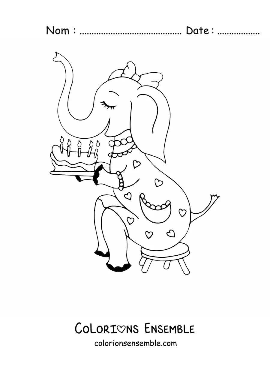 Image à colorier d'un éléphant animé avec un gâteau d'anniversaire