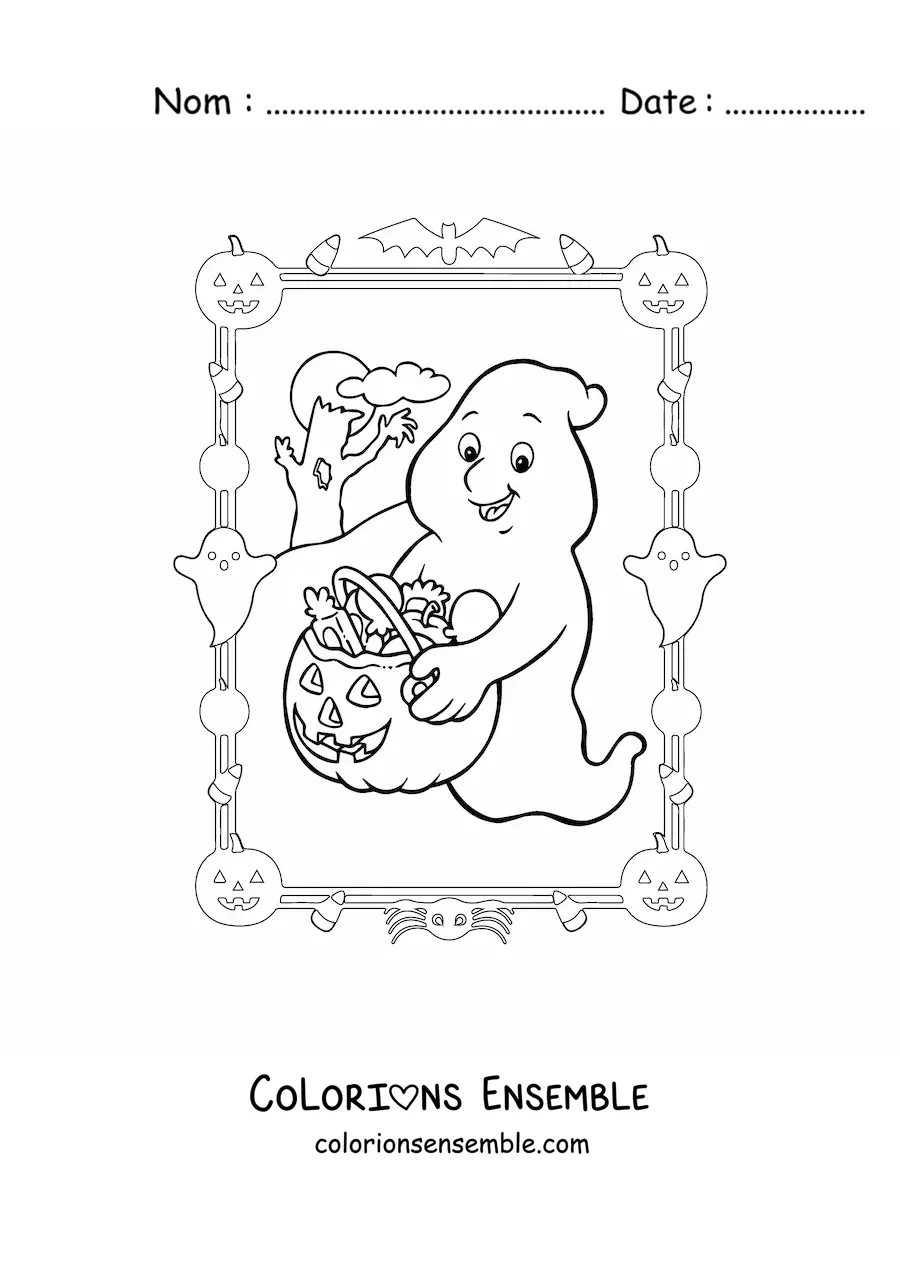 Image à colorier d’un fantôme de dessin animé avec des bonbons d’Halloween