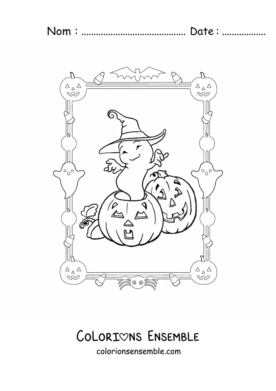 Image à colorier d’un fantôme de dessin animé avec un chapeau de sorcière à Halloween