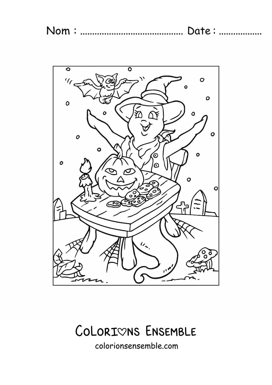 Image à colorier d’un fantôme en dessin animé avec une citrouille d’Halloween et des chauves-souris