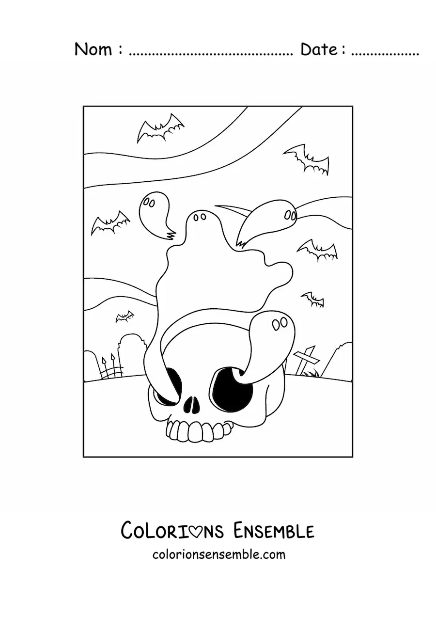 Image à colorier de fantômes effrayants avec un crâne