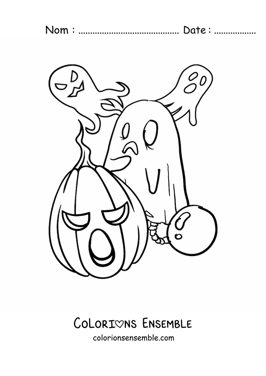 Image à colorier de fantômes et d’un enfant déguisé en fantôme à Halloween