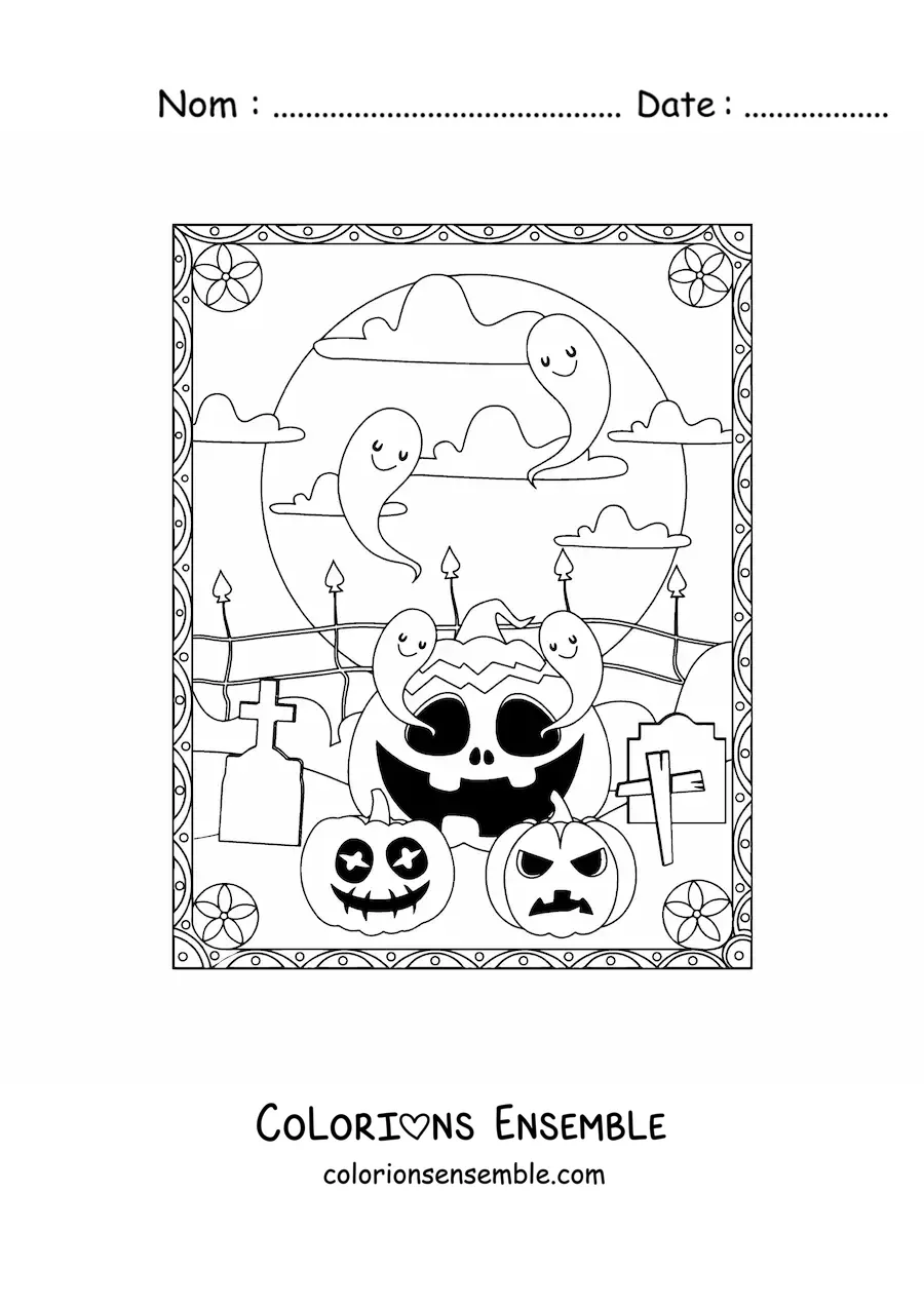 Image à colorier de fantômes avec des citrouilles d’Halloween effrayantes