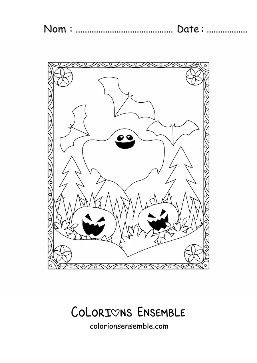 Image à colorier d’un fantôme avec des citrouilles d’Halloween effrayantes et des chauves-souris