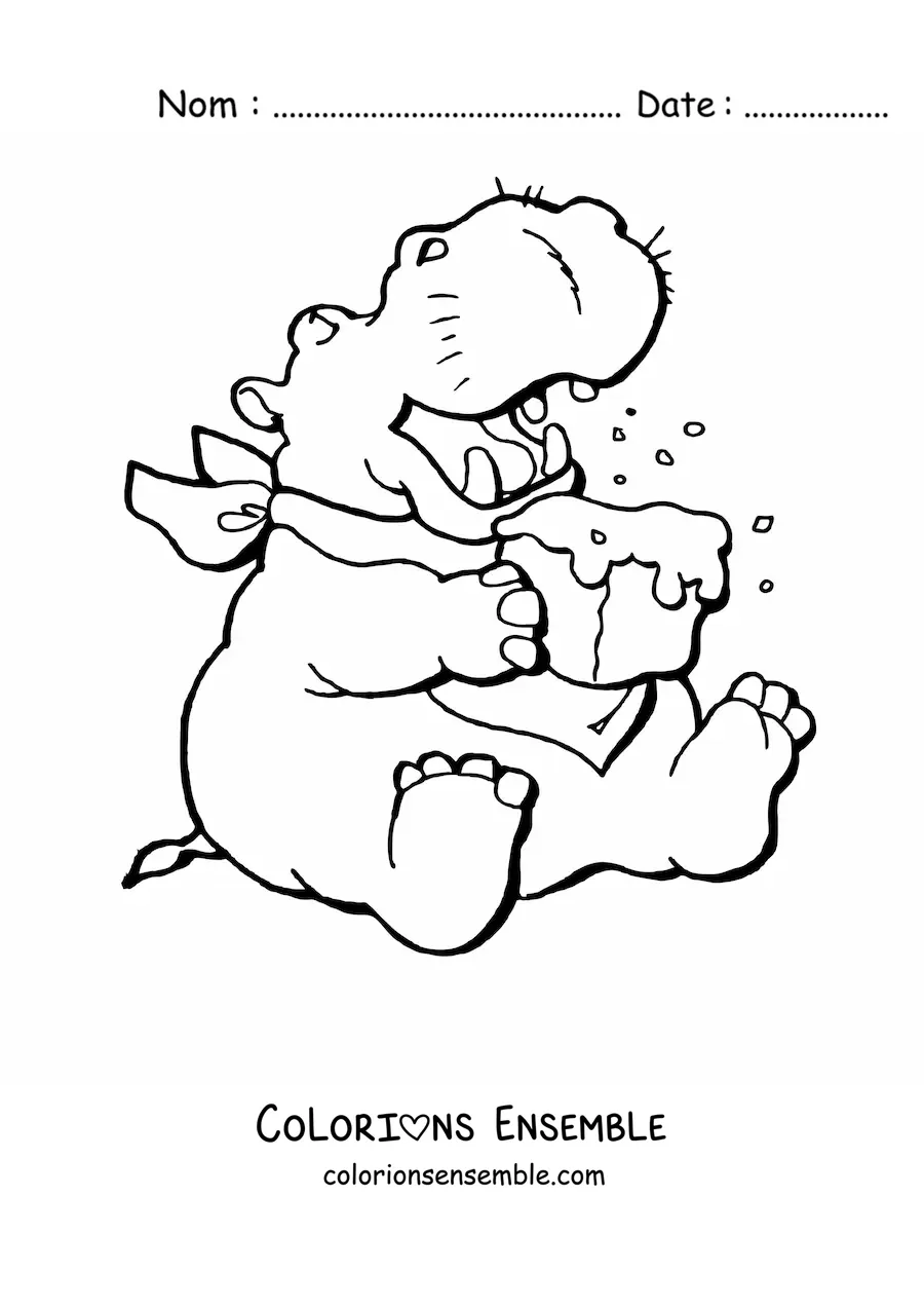 Image à colorier d'un hippopotame animé qui mange un gâteau