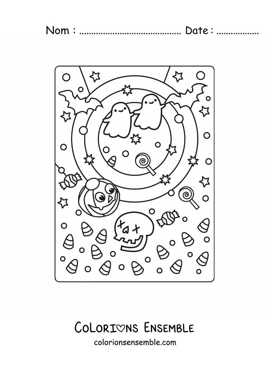 Image à colorier de fantômes kawaii avec un crâne et des chauves-souris