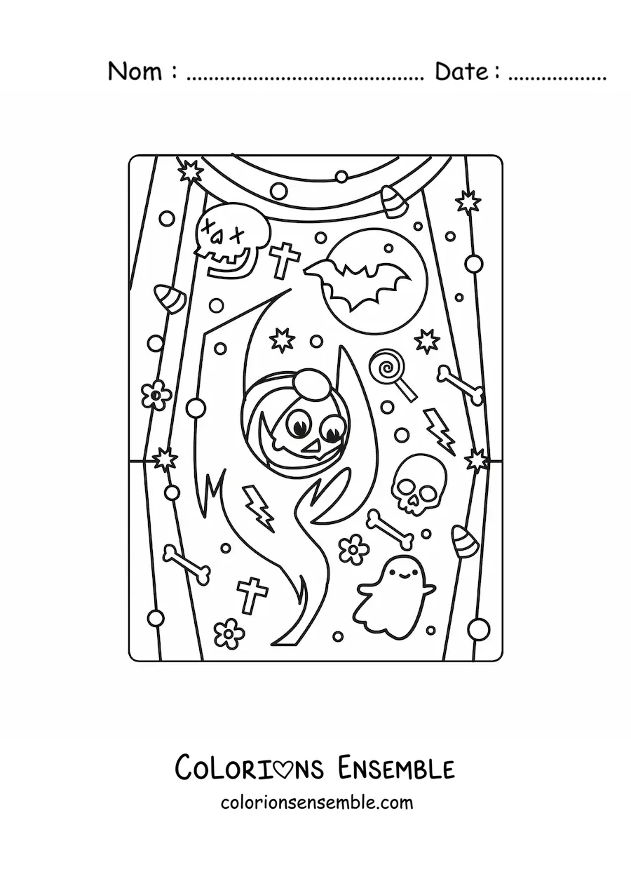 Image à colorier d’un fantôme kawaii avec une citrouille d’Halloween et des bonbons