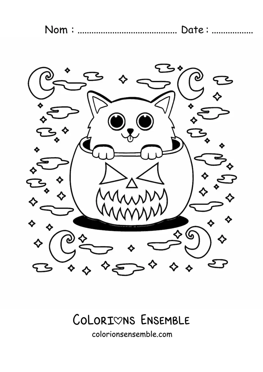 Image à colorier d’un chat kawaii dans une citrouille d’Halloween