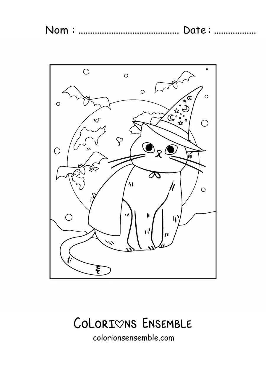 Image à colorier d’un chat kawaii avec un chapeau de sorcière et des chauves-souris