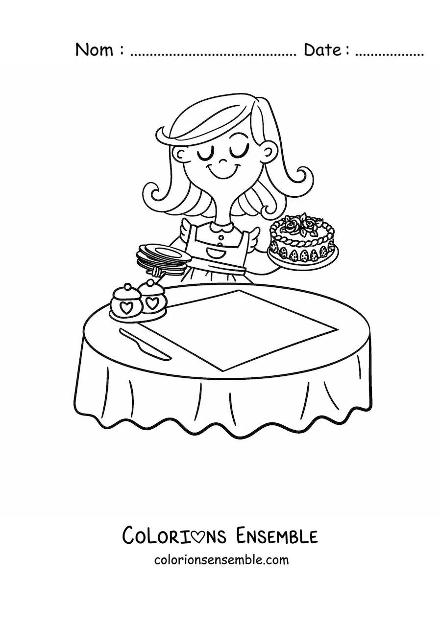 Image à colorier d'une maman qui pose un gâteau sur une table