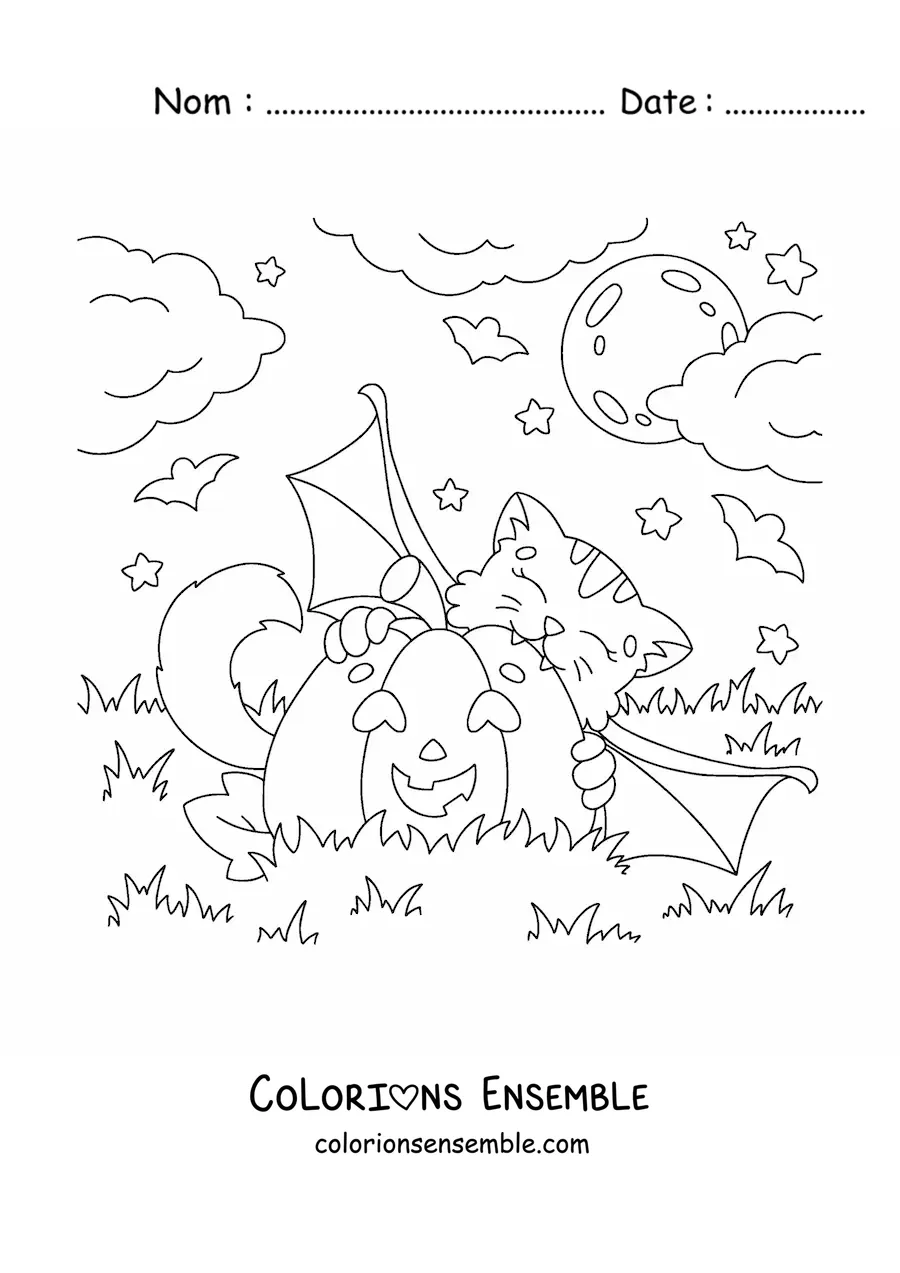 Image à colorier d’un chat kawaii mordant une citrouille d’Halloween