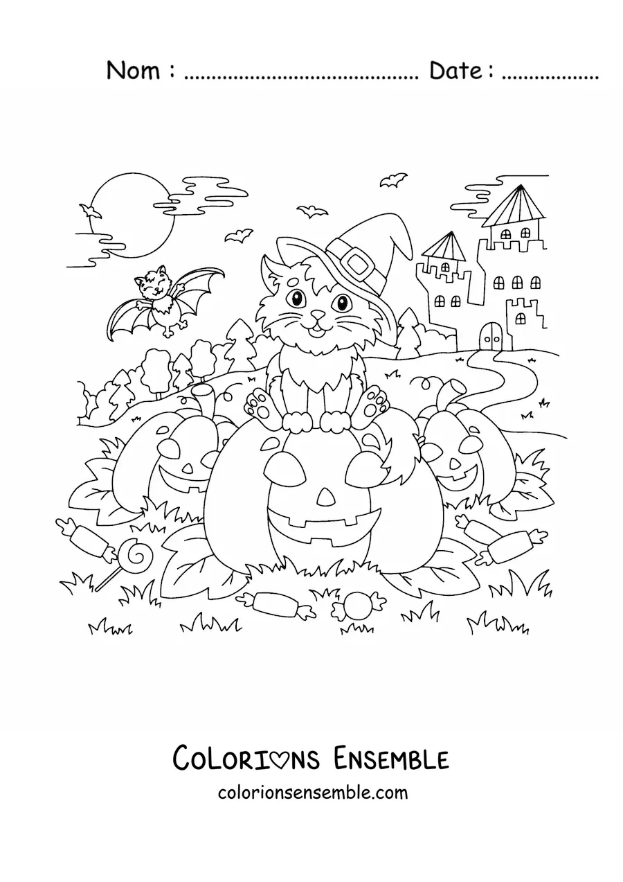 Image à colorier d’un chat kawaii avec un chapeau de sorcière assis sur une citrouille d’Halloween