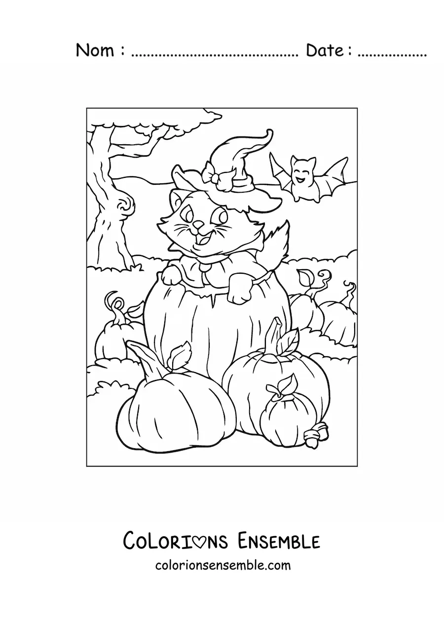 Image à colorier d’un chat kawaii avec un chapeau de sorcière dans une citrouille d’Halloween