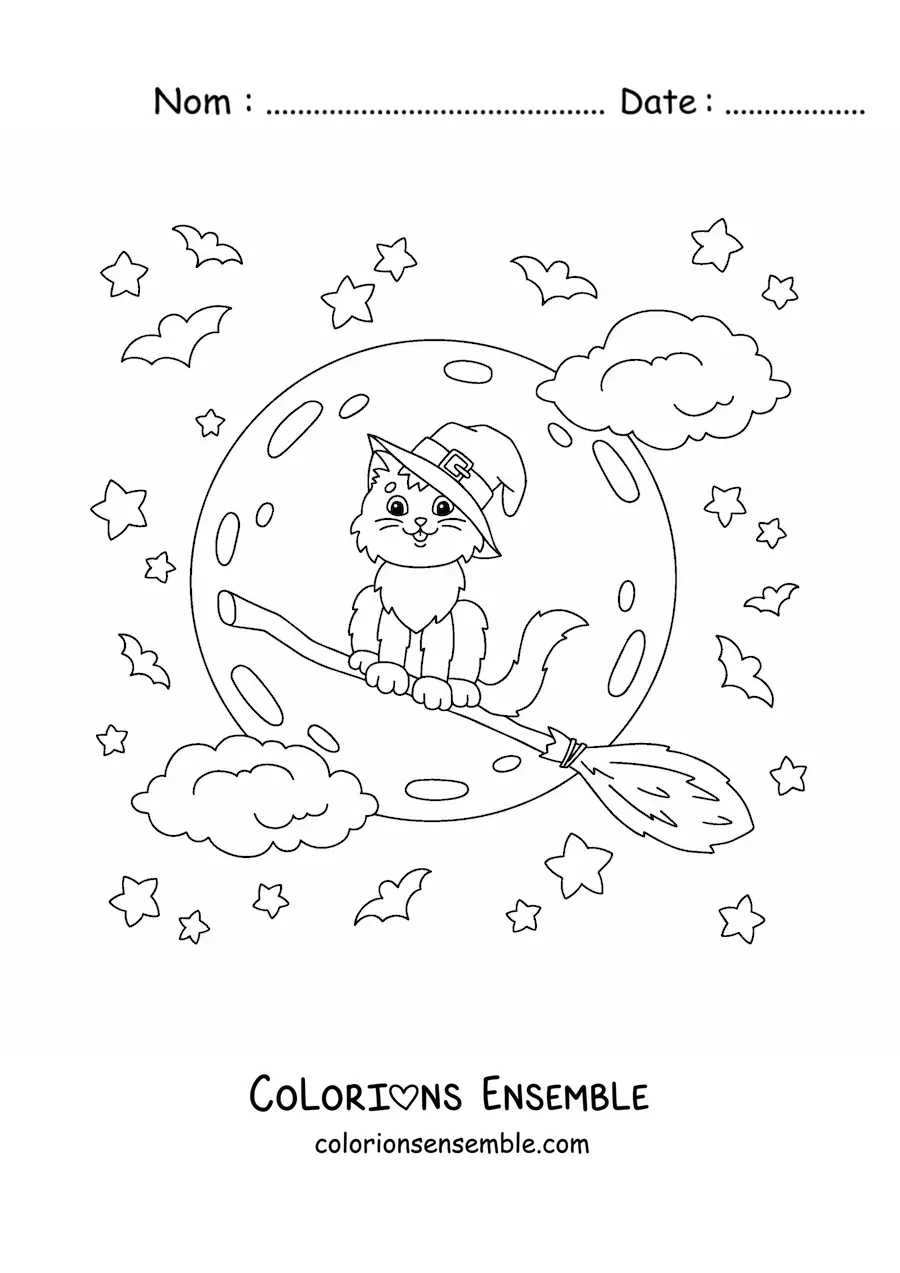 Image à colorier d’un chat kawaii avec un chapeau de sorcière volant sur un balai