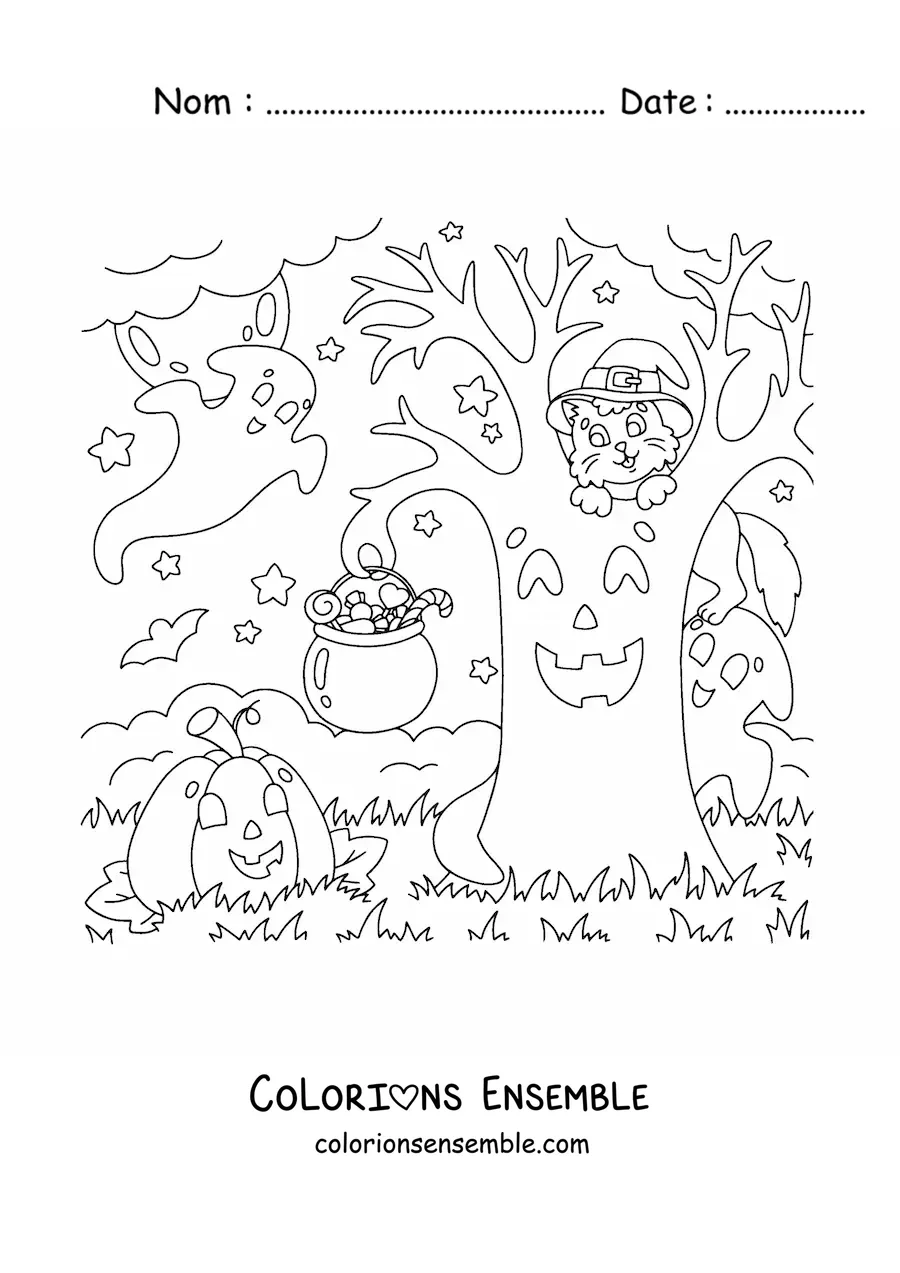 Image à colorier d’un chat kawaii avec un chapeau de sorcière sur un arbre lugubre
