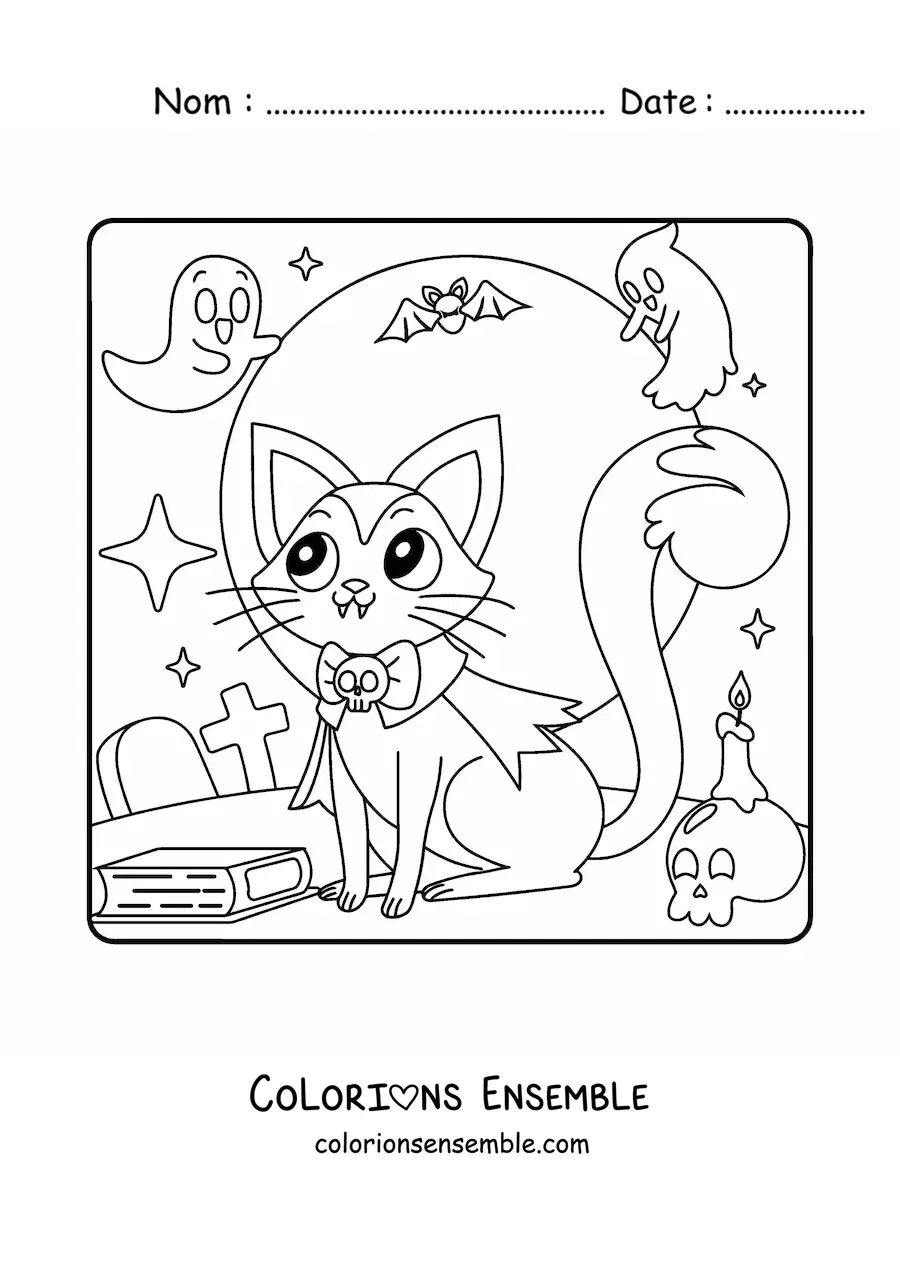 Image à colorier d’un chat vampire kawaii d’Halloween
