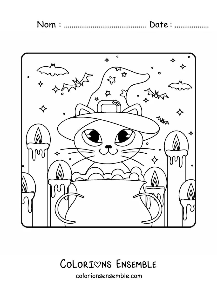Image à colorier d’un chat kawaii avec un chaudron de sorcière et des bougies