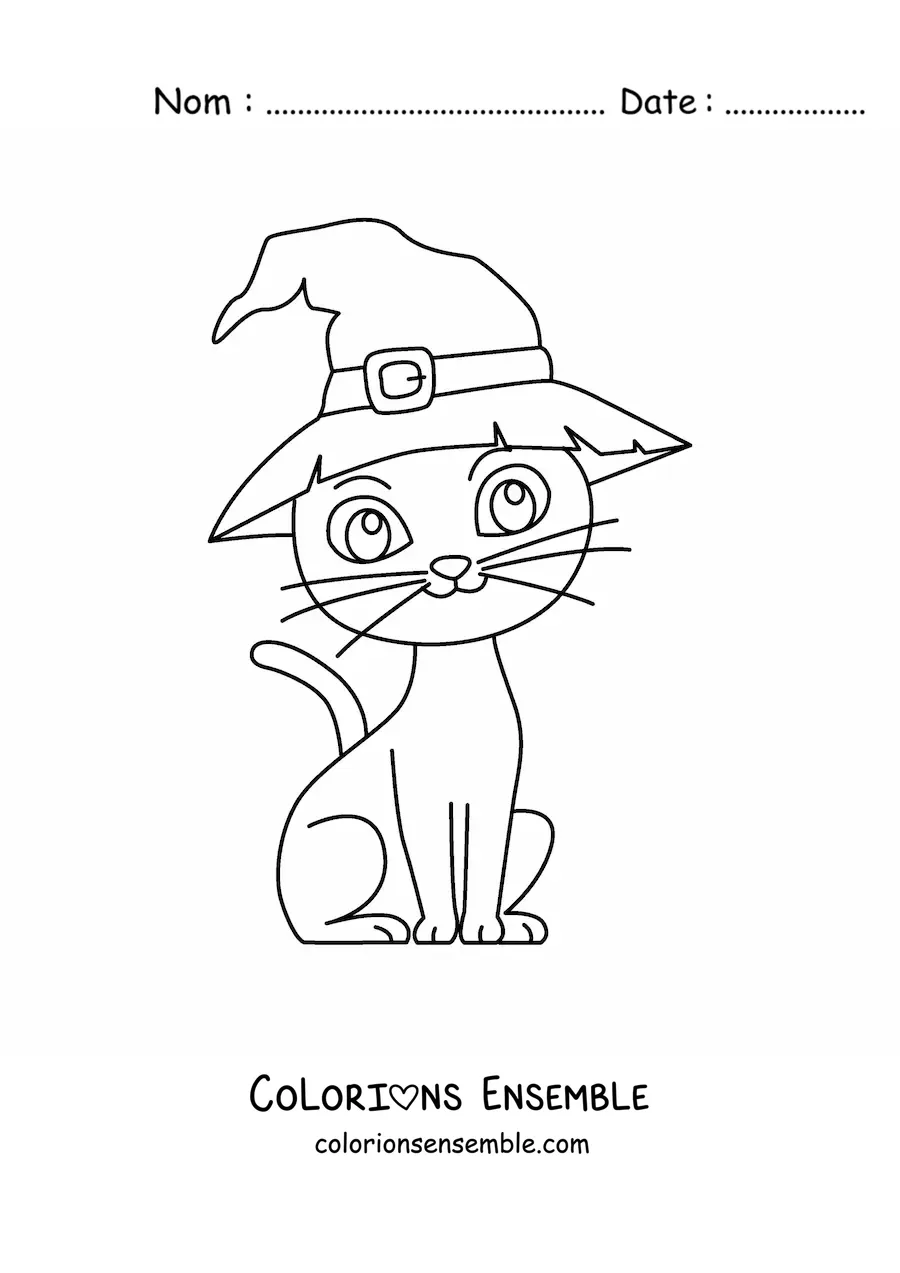 Image à colorier d’un grand chat d’Halloween avec un chapeau de sorcière