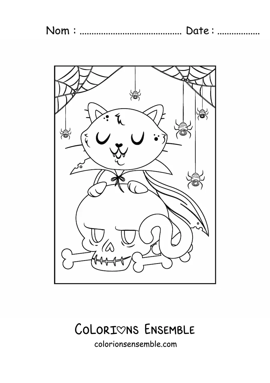 Image à colorier d’un chat vampire avec un crâne et des toiles d’araignée