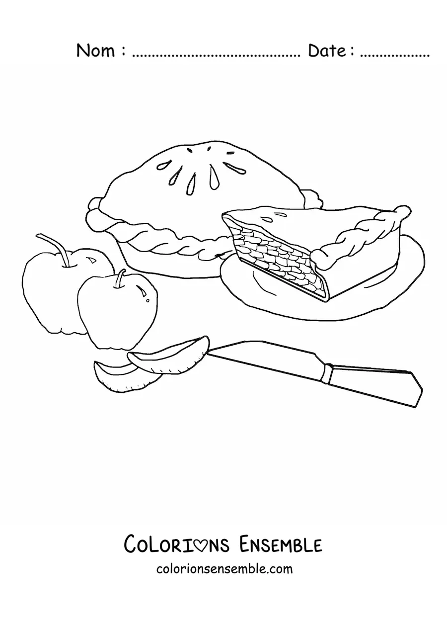 Image à colorier d’une tarte aux pommes avec deux pommes et un couteau