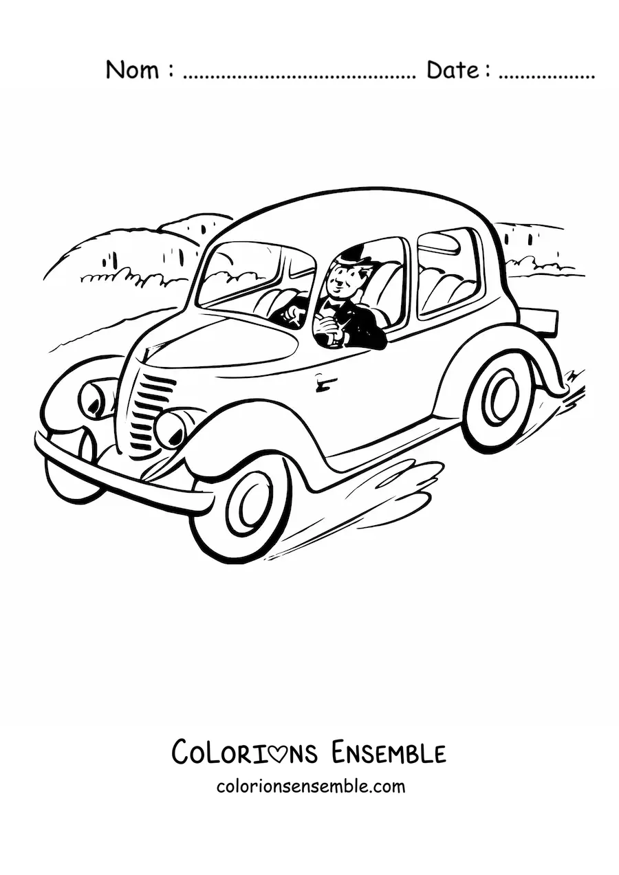 Image à colorier d’un homme élégant au volant d’une voiture vintage