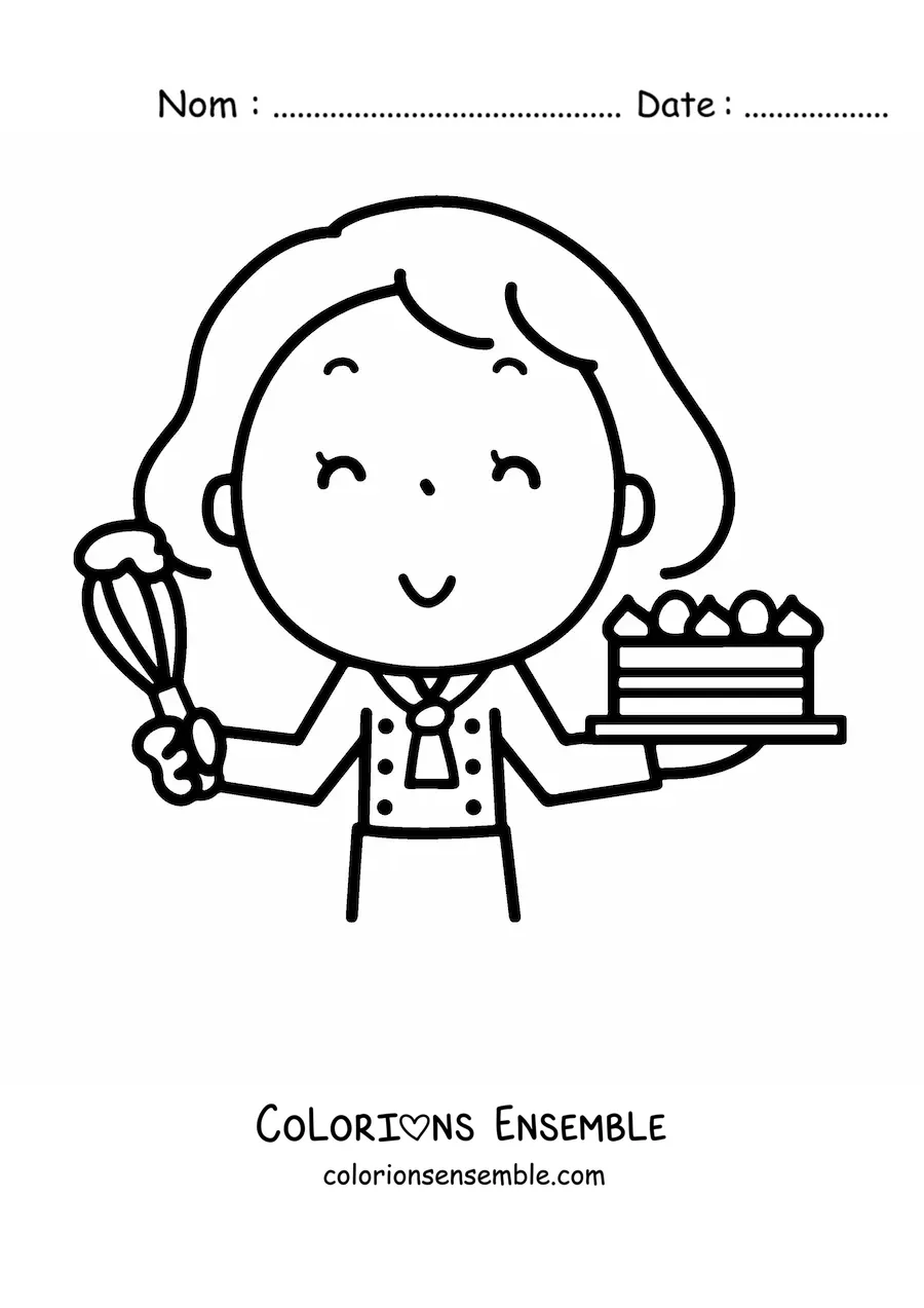 Image à colorier d'une petite pâtissière avec un gâteau