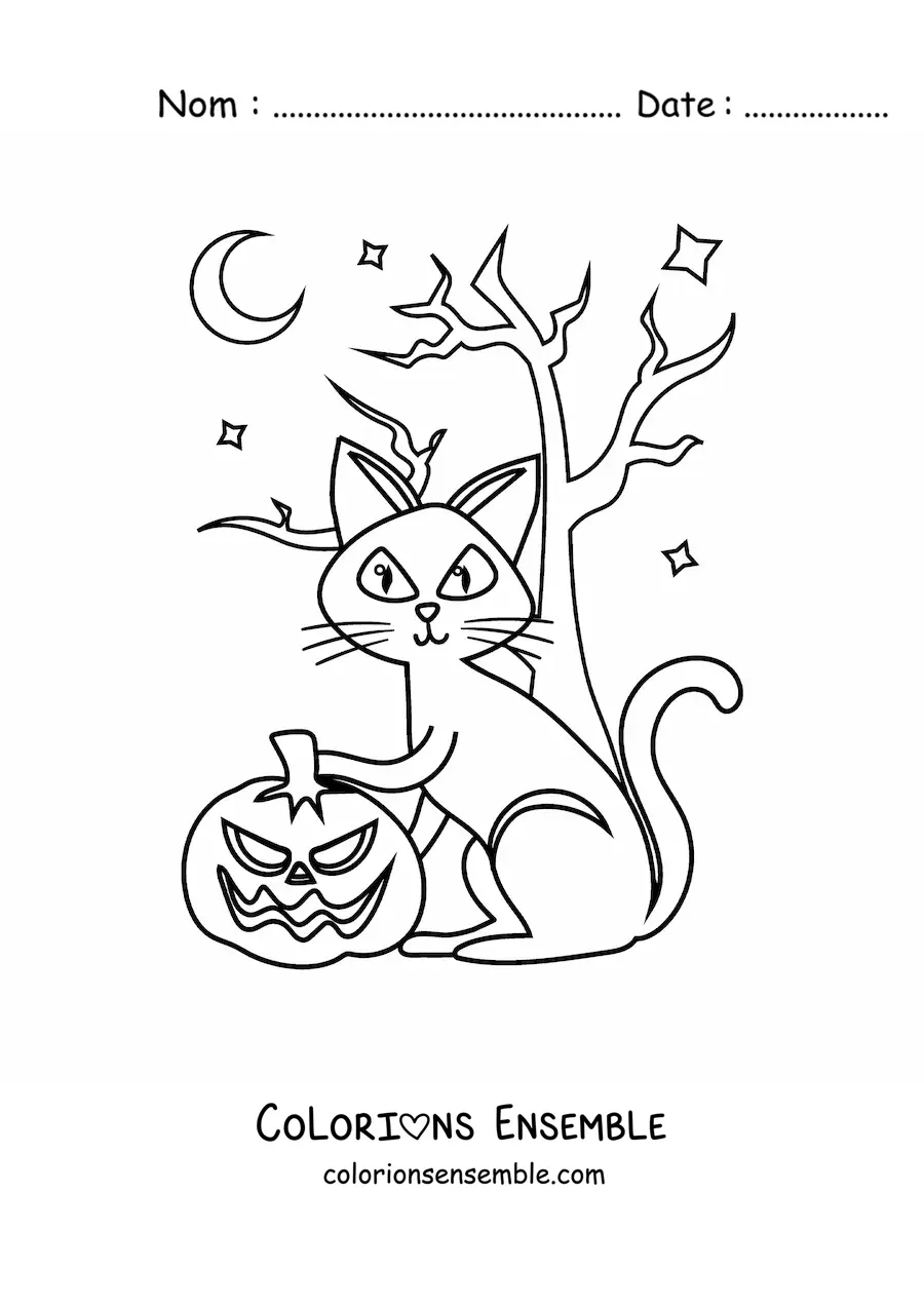 Image à colorier d’un chat en dessin animé avec une citrouille d’Halloween