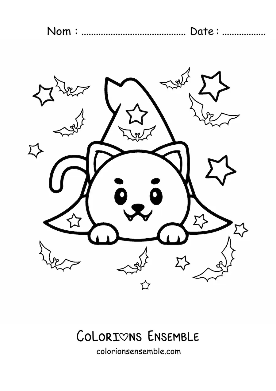 Image à colorier d’un chat kawaii dans un chapeau de sorcière
