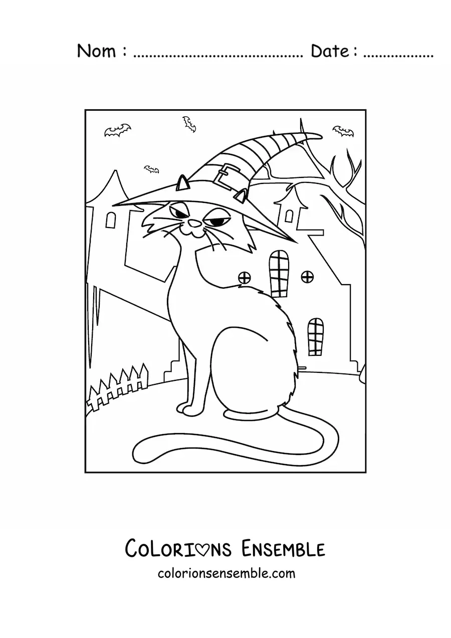 Image à colorier d’un chat en dessin animé avec un chapeau de sorcière dans une maison hantée