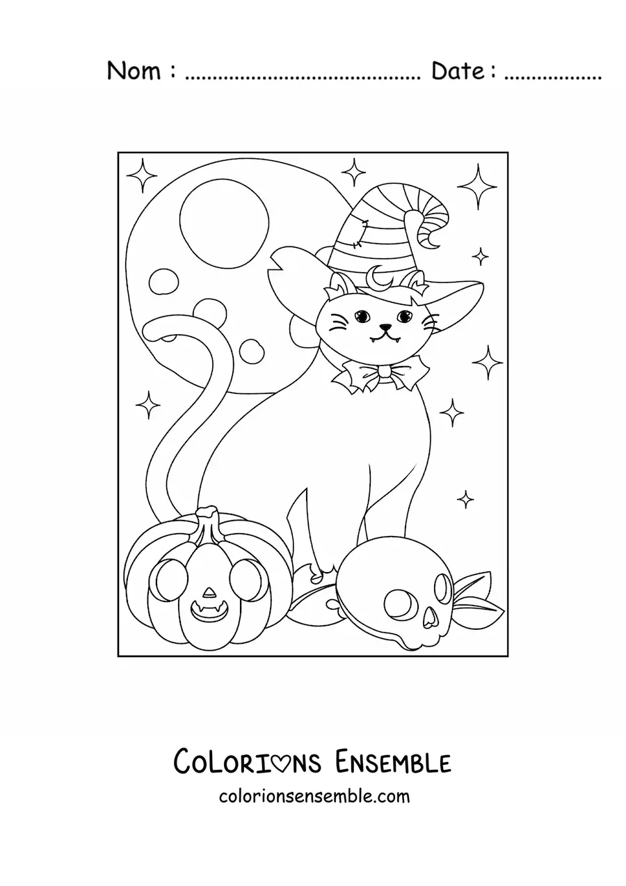Image à colorier d’un chat kawaii avec un chapeau de sorcière et un crâne