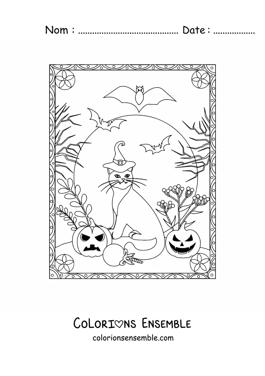 Image à colorier d’un chat avec des citrouilles d’Halloween effrayantes et des chauves-souris