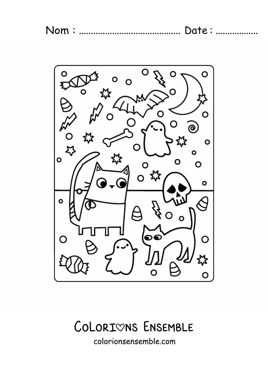 Image à colorier de chats en dessin animé avec des fantômes et des bonbons d’Halloween