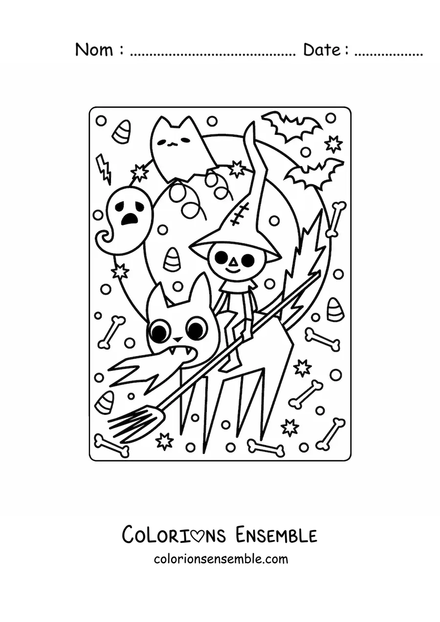 Image à colorier d’un chat avec un fantôme kawaii d’Halloween