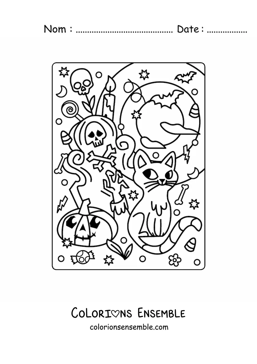 Image à colorier d’un chat en dessin animé avec une tombe et une citrouille kawaii à Halloween