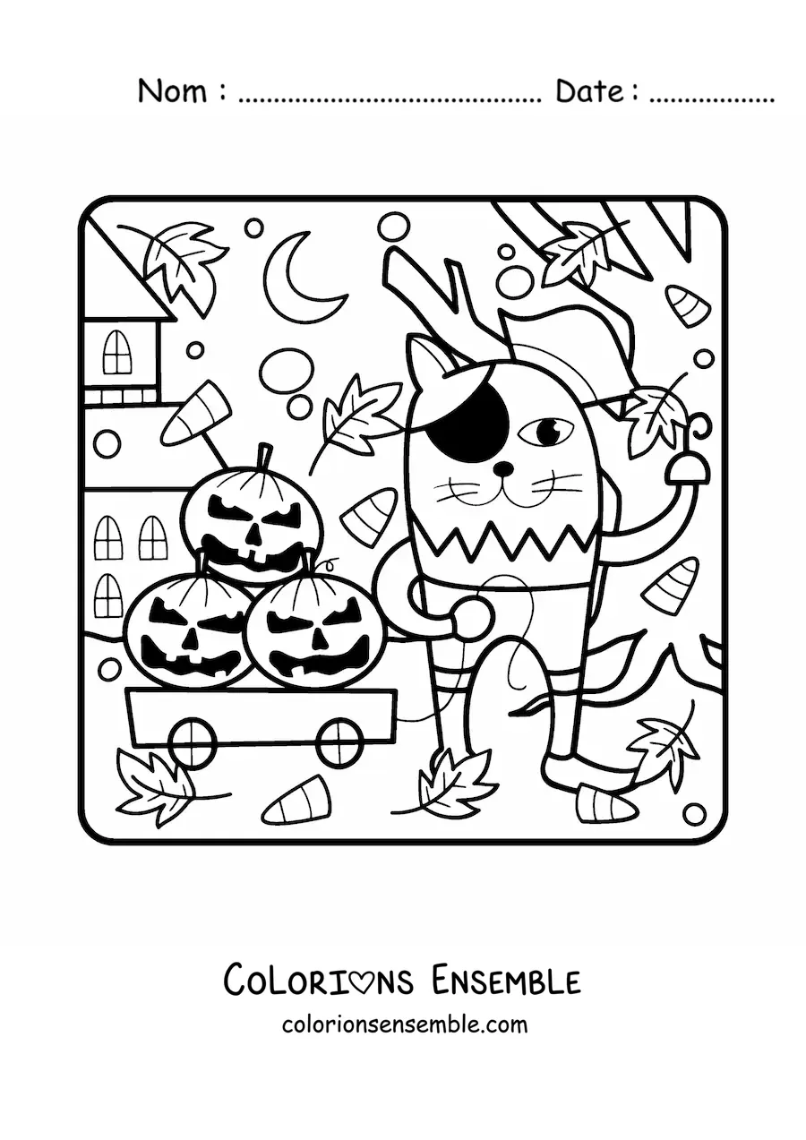 Image à colorier d’un dessin de chat avec des citrouilles d’Halloween