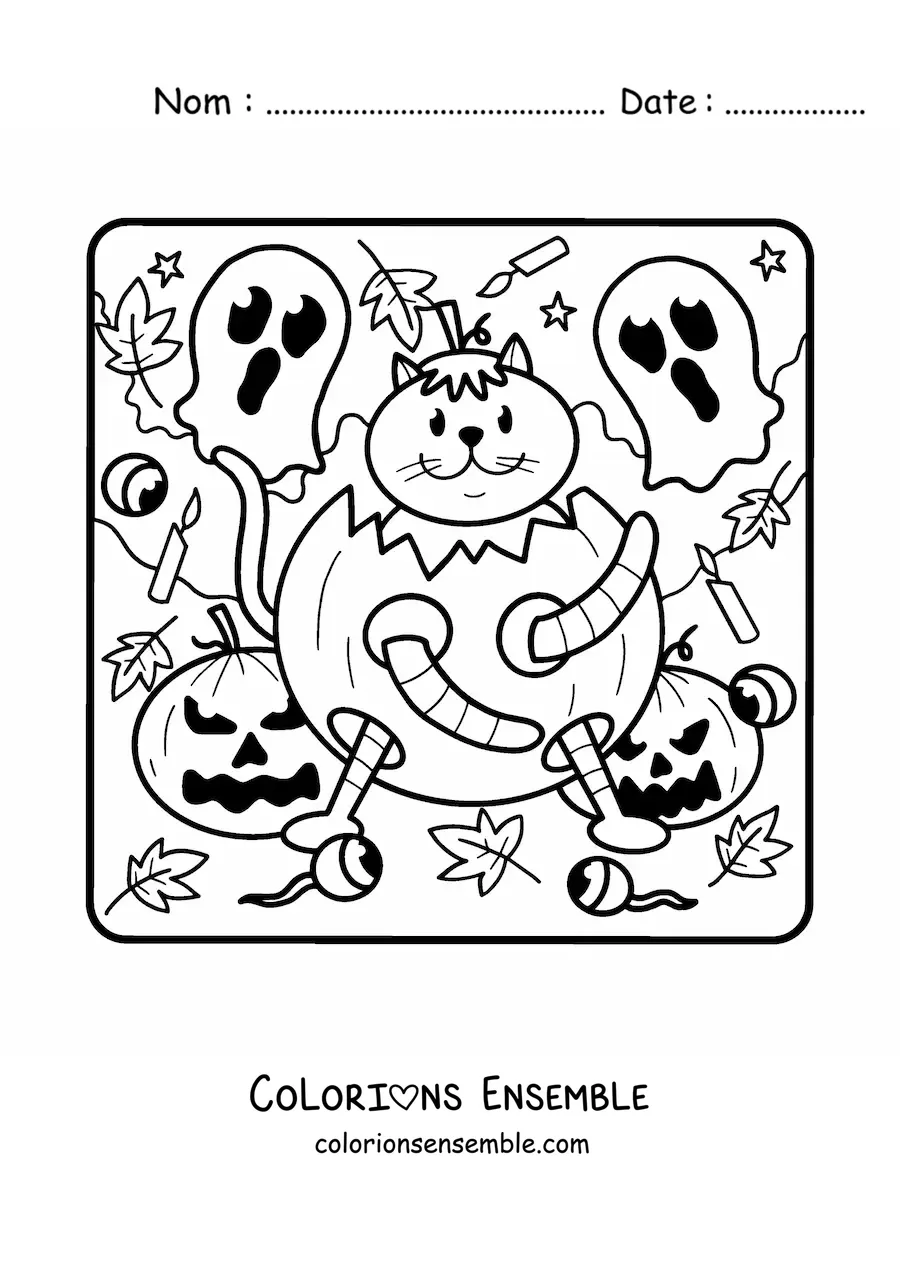 Image à colorier d’un dessin de chat dans une citrouille d’Halloween avec des fantômes