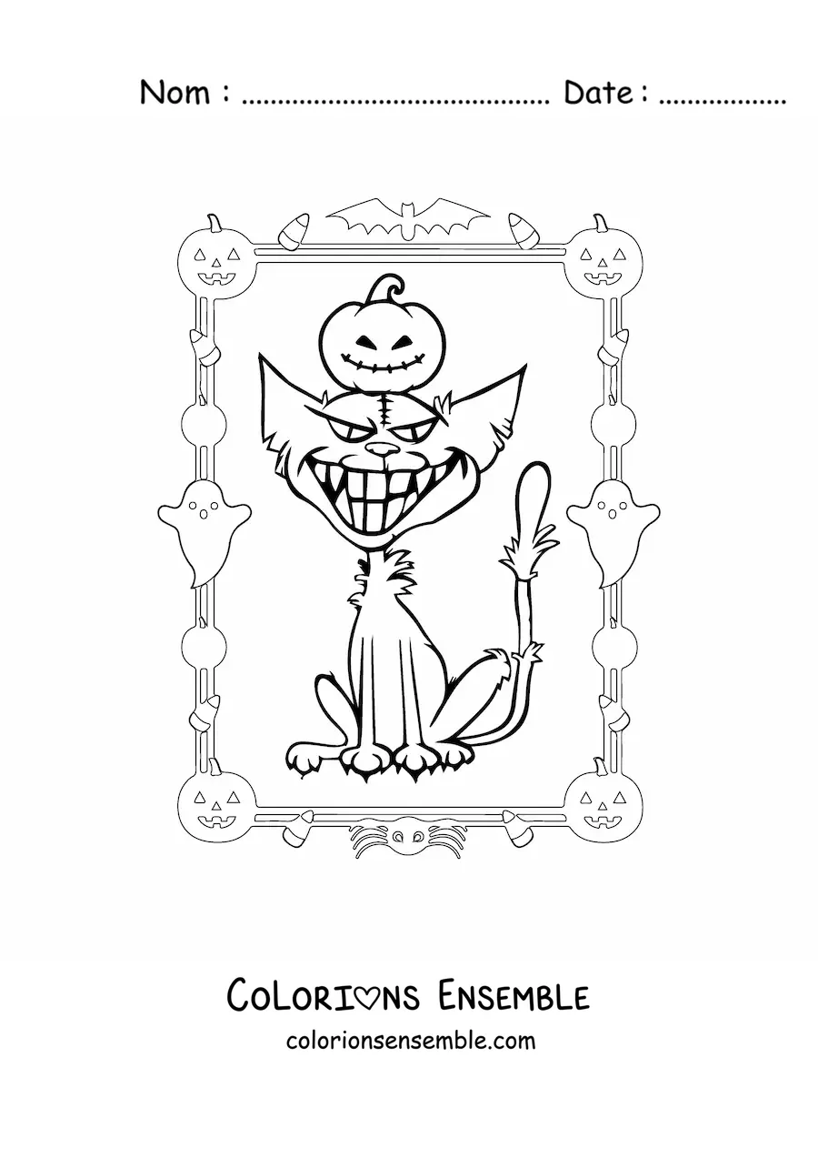 Image à colorier d’un dessin de chat hanté d’Halloween