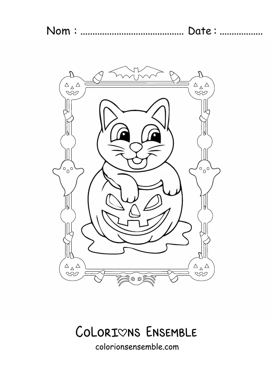 Image à colorier d’un dessin de chat mignon dans une citrouille d’Halloween