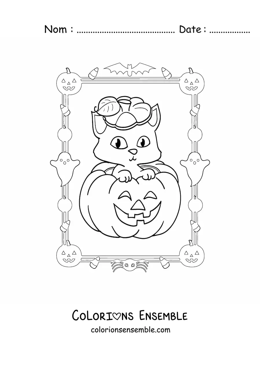 Image à colorier d’une citrouille d’Halloween avec un chaton