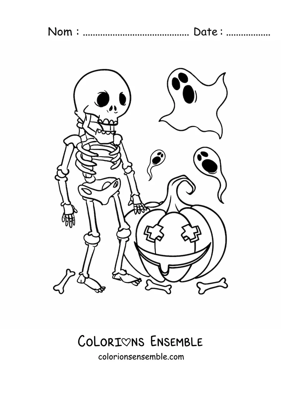 Image à colorier d’un squelette avec des fantômes et une citrouille d’Halloween